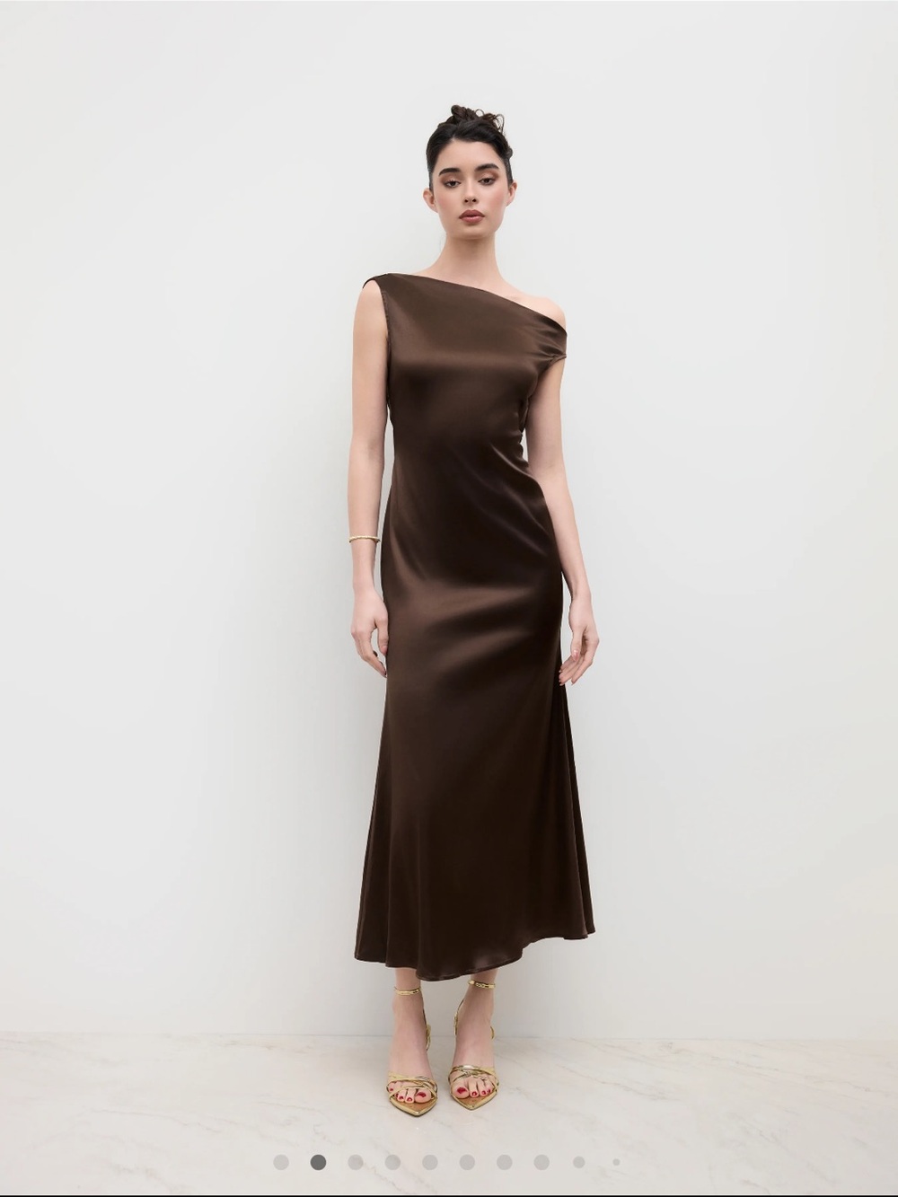 Cider One-Shoulder Chocolate Satin Midi Dress